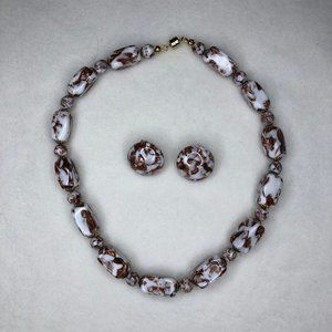 Betsy Michaels White & Gold Glass Necklace with Earrings